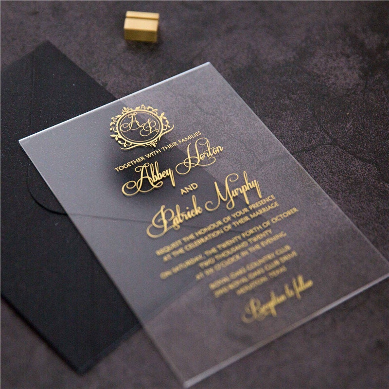 Acrylic Wedding Invitation: Clear Perspex with Gold Print thumbnail 5
