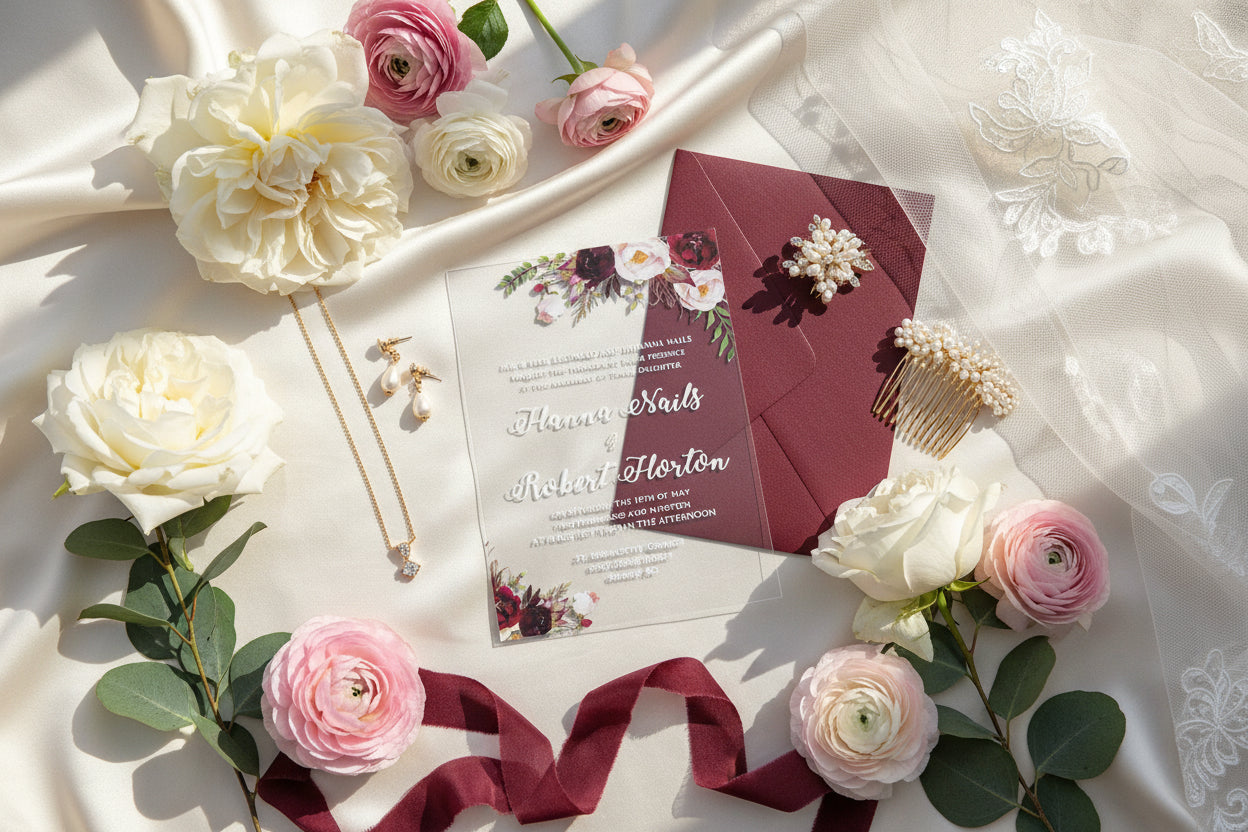 Acrylic Wedding Invitation: Clear Perspex with Burgundy Floral Design image 1