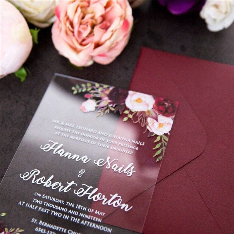 Acrylic Wedding Invitation: Clear Perspex with Burgundy Floral Design thumbnail 2