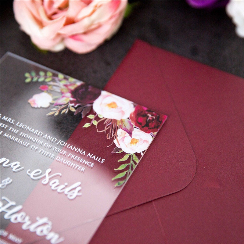 Acrylic Wedding Invitation: Clear Perspex with Burgundy Floral Design thumbnail 3