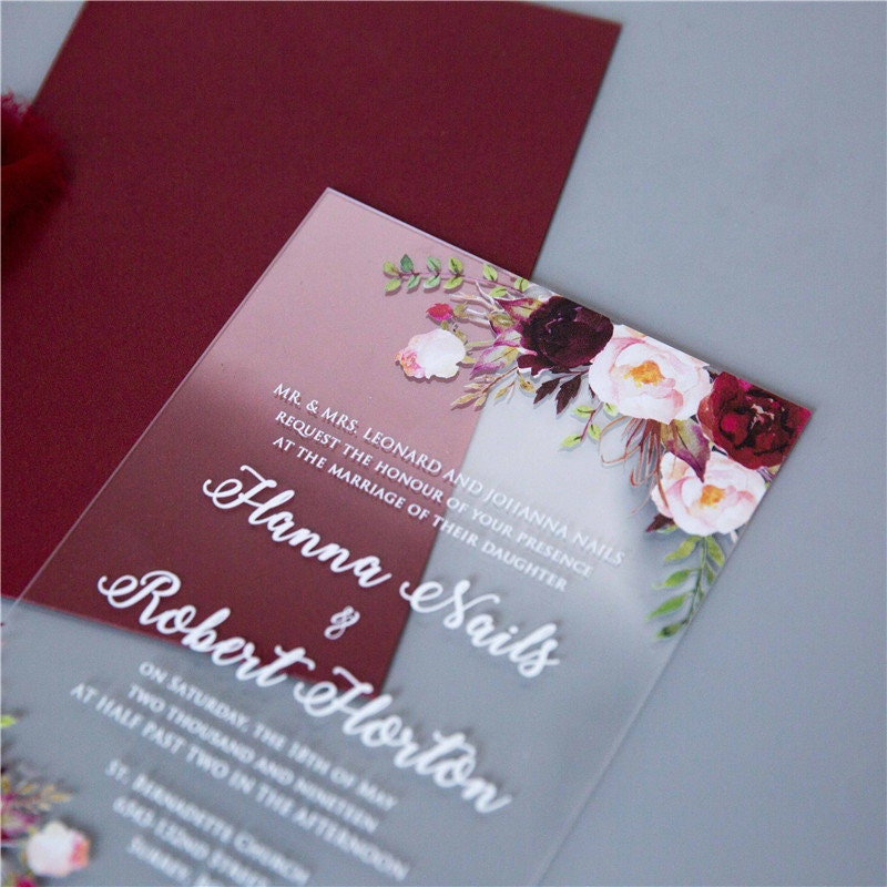 Acrylic Wedding Invitation: Clear Perspex with Burgundy Floral Design thumbnail 4
