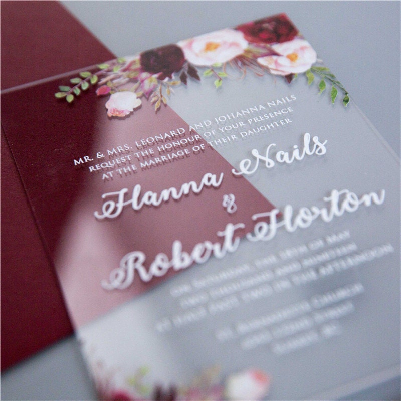 Acrylic Wedding Invitation: Clear Perspex with Burgundy Floral Design thumbnail 5