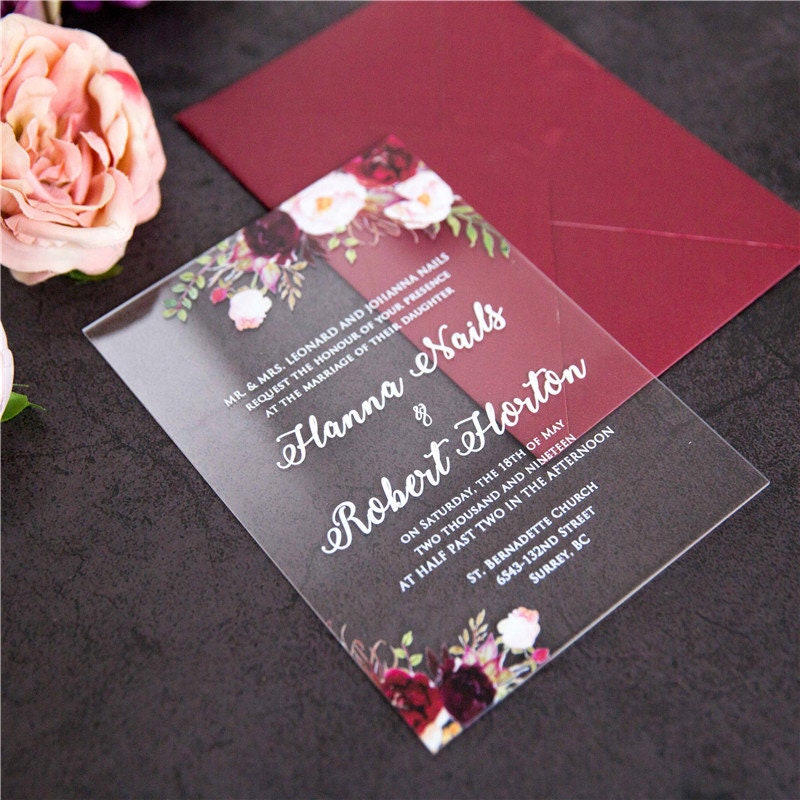 Acrylic Wedding Invitation: Clear Perspex with Burgundy Floral Design thumbnail 6