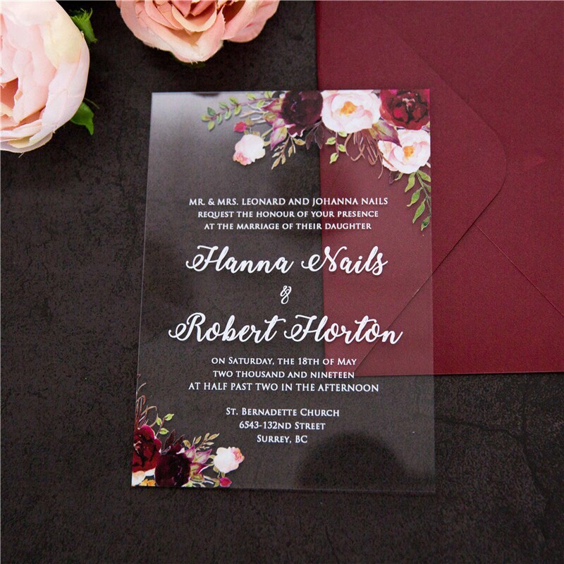 Acrylic Wedding Invitation: Clear Perspex with Burgundy Floral Design thumbnail 7
