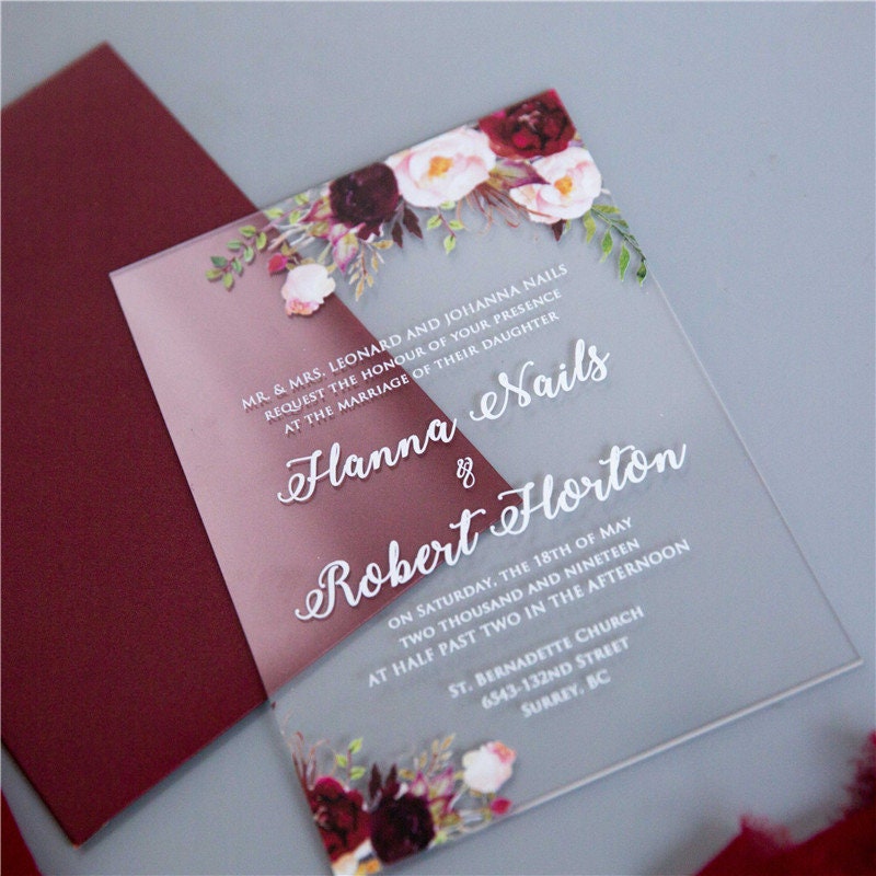 Acrylic Wedding Invitation: Clear Perspex with Burgundy Floral Design thumbnail 8