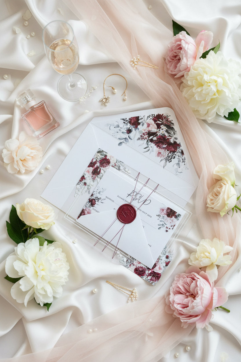 Acrylic Wedding Invitation with Wax Seal, Clear Floral Wedding Invite, Luxury Modern Wedding Stationery thumbnail 1