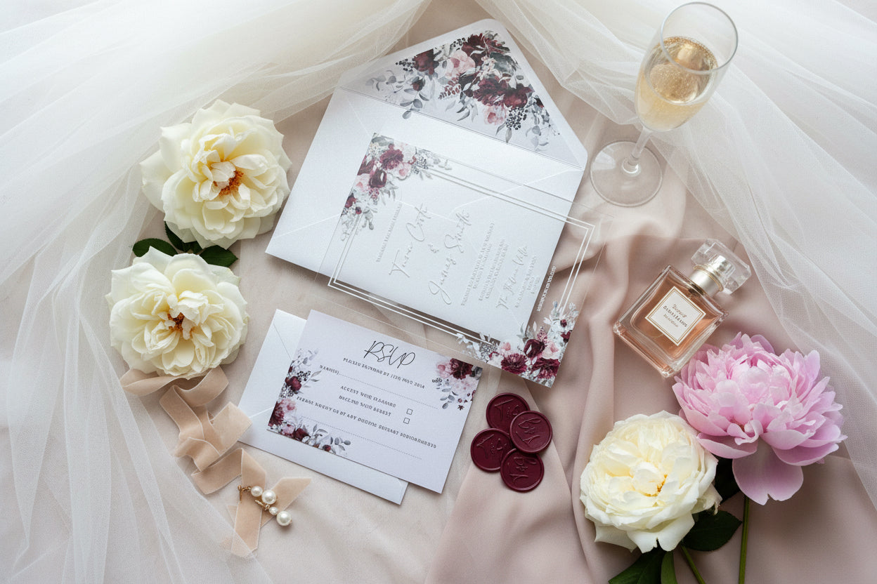 Acrylic Wedding Invitation with Wax Seal, Clear Floral Wedding Invite, Luxury Modern Wedding Stationery thumbnail 2