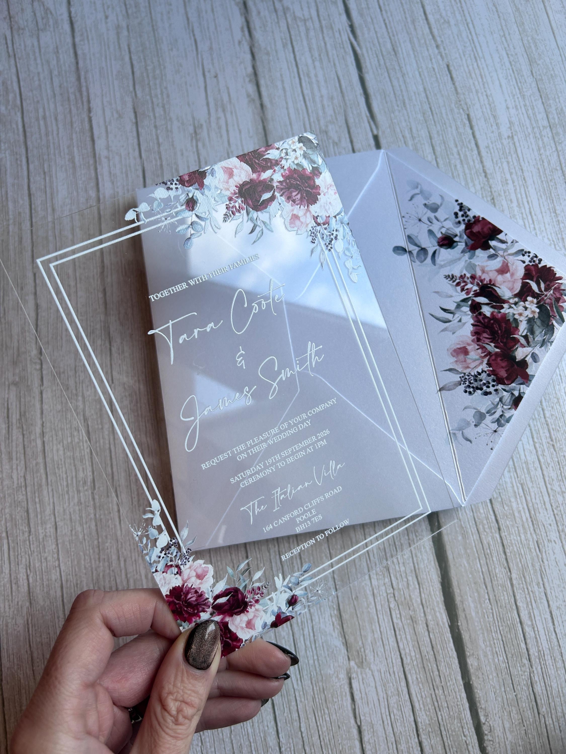 Acrylic Wedding Invitation with Wax Seal, Clear Floral Wedding Invite, Luxury Modern Wedding Stationery thumbnail 4