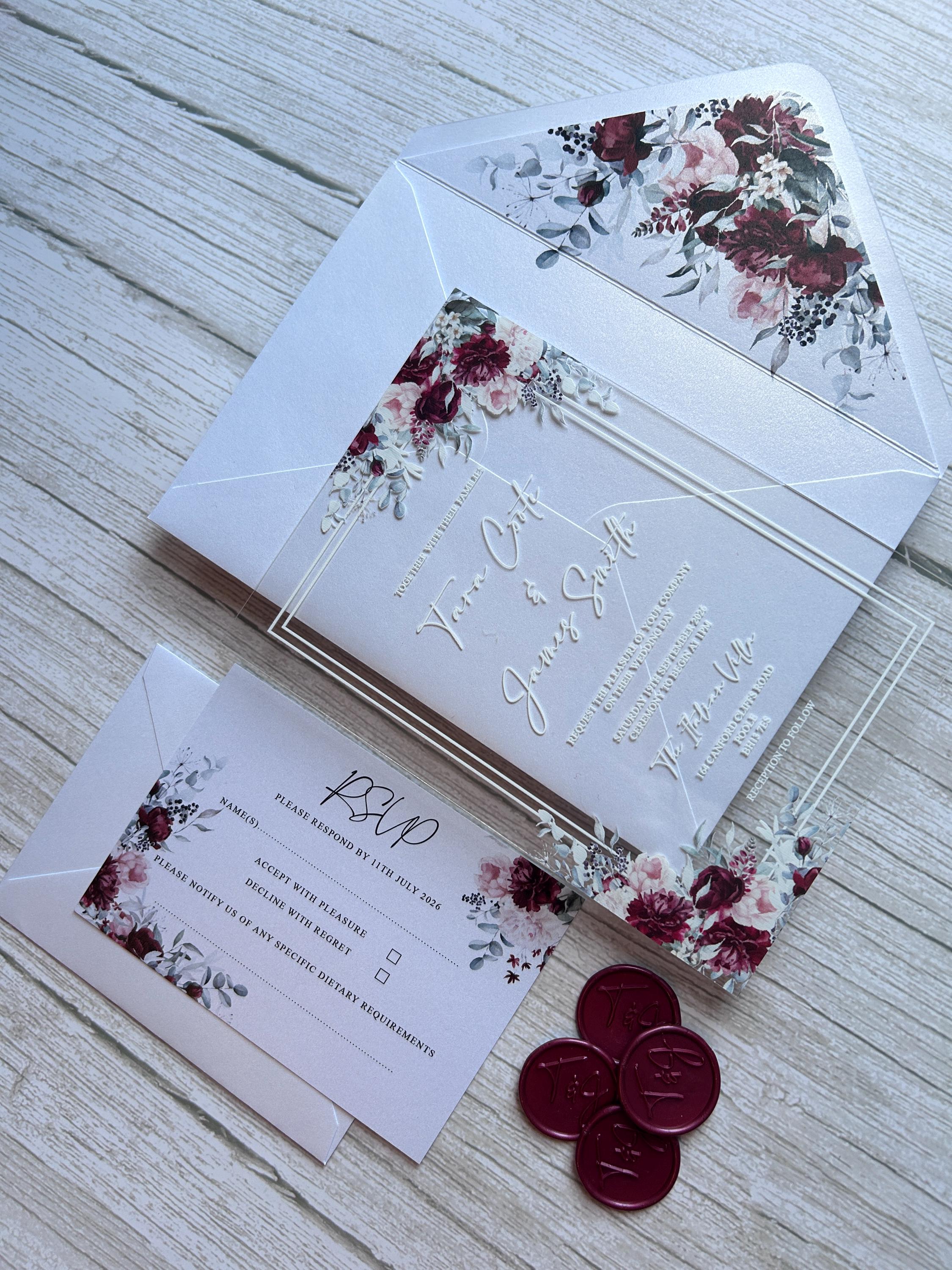 Acrylic Wedding Invitation with Wax Seal, Clear Floral Wedding Invite, Luxury Modern Wedding Stationery thumbnail 7