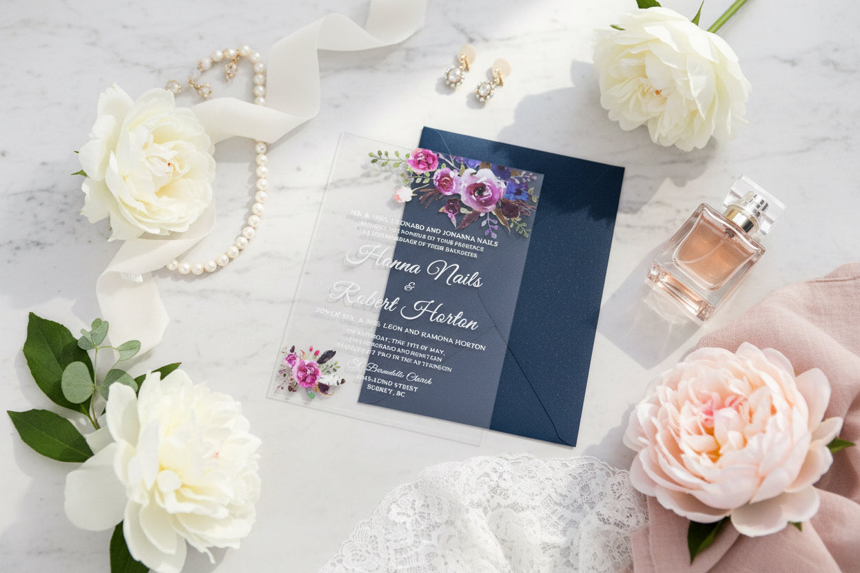 Acrylic Wedding Invitation with Pink & Purple Florals image 1
