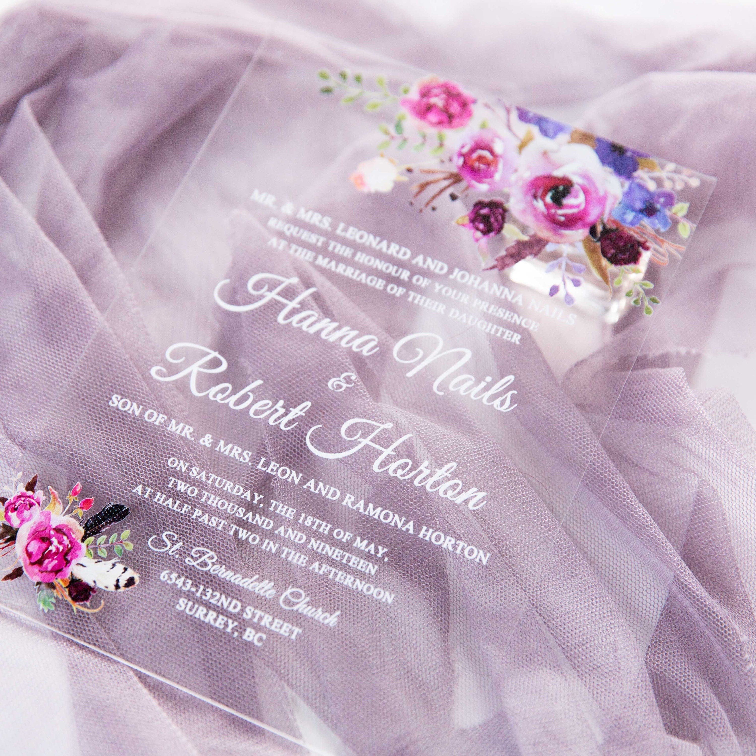 Acrylic Wedding Invitation with Pink & Purple Florals thumbnail 2