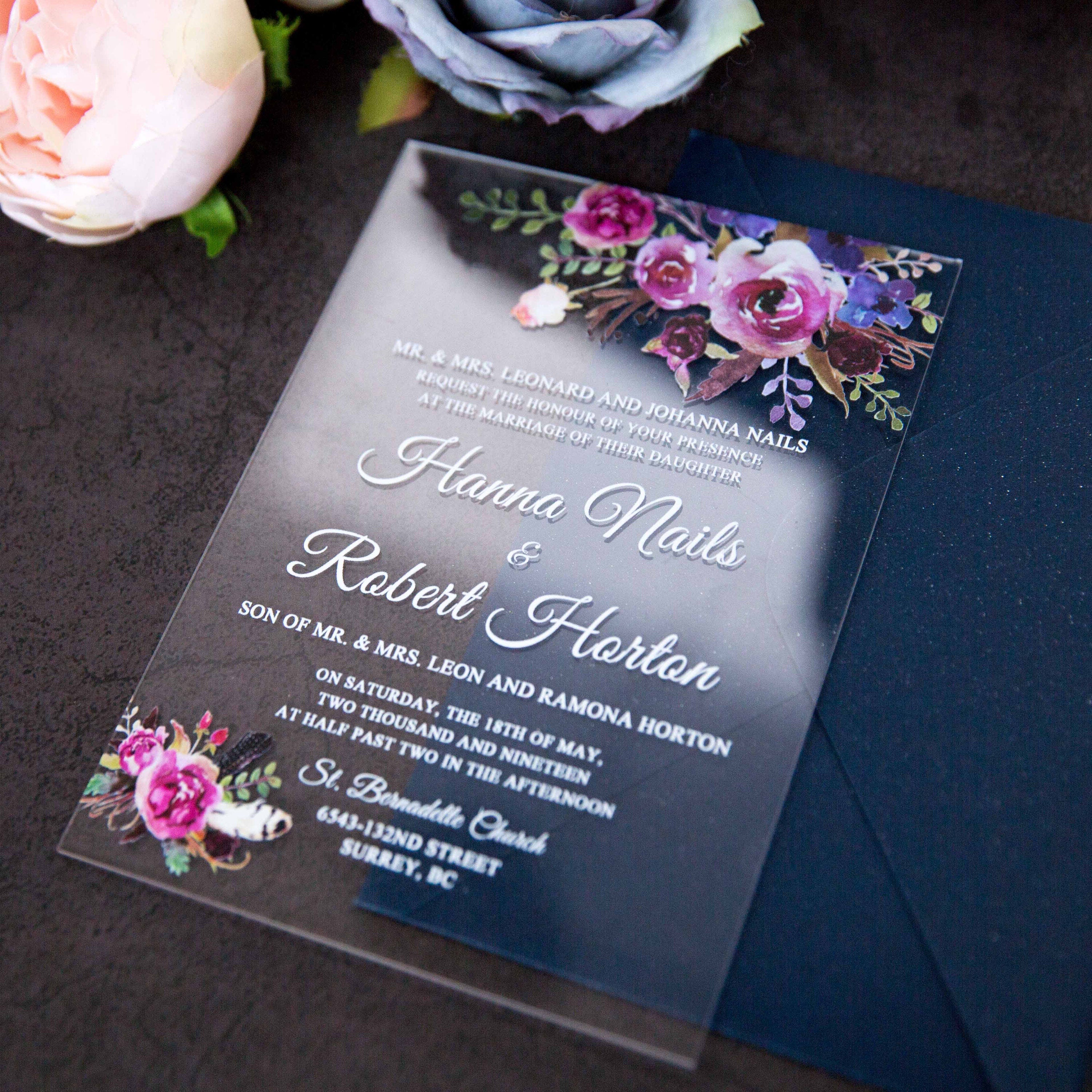 Acrylic Wedding Invitation with Pink & Purple Florals thumbnail 3