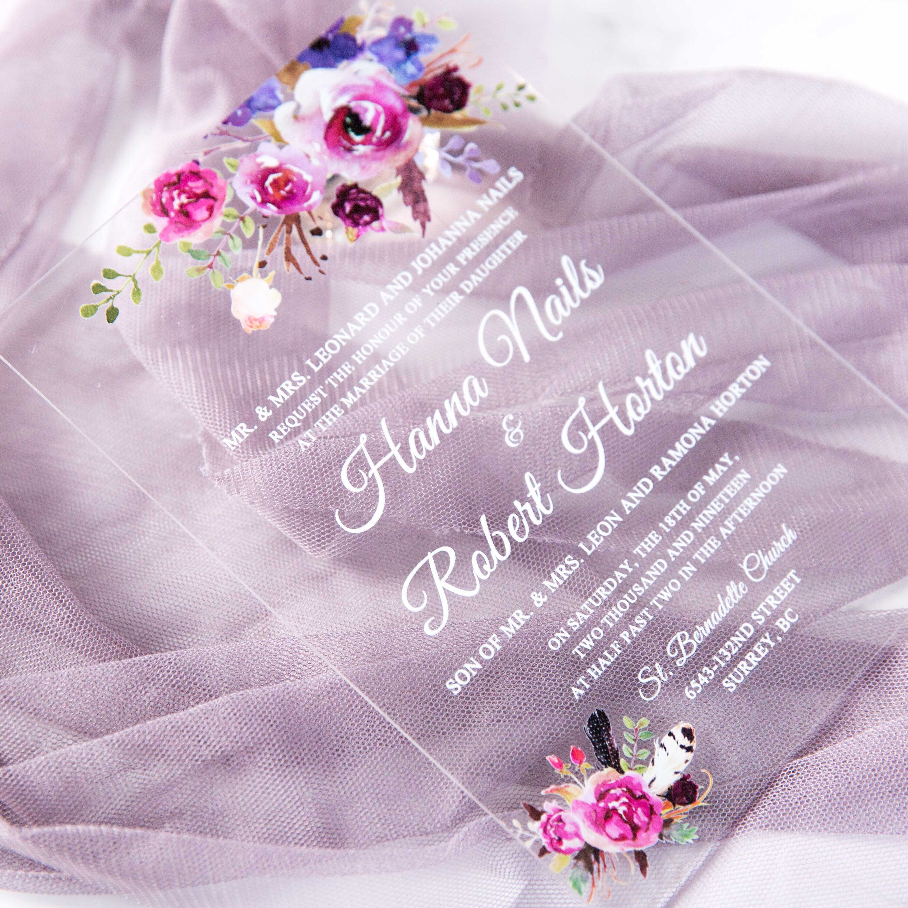 Acrylic Wedding Invitation with Pink & Purple Florals thumbnail 6