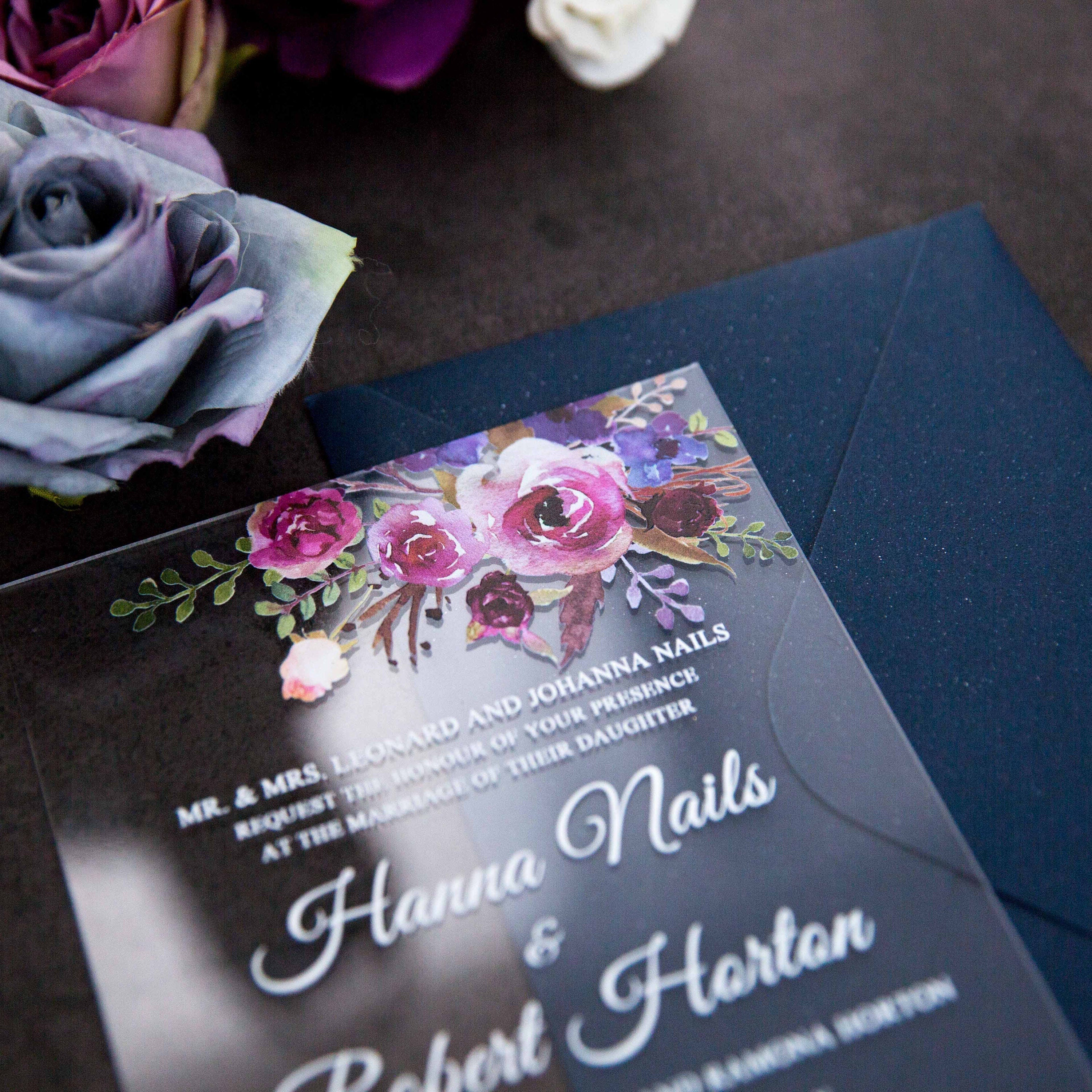 Acrylic Wedding Invitation with Pink & Purple Florals thumbnail 7
