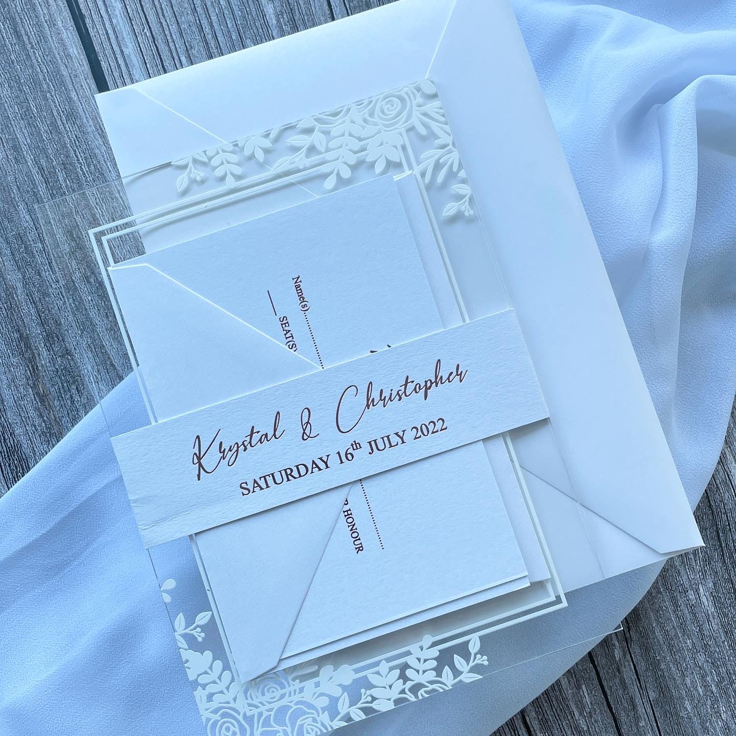 Modern Acrylic Wedding Invitation with Rose Gold Foiling Inserts & Bellyband thumbnail 2