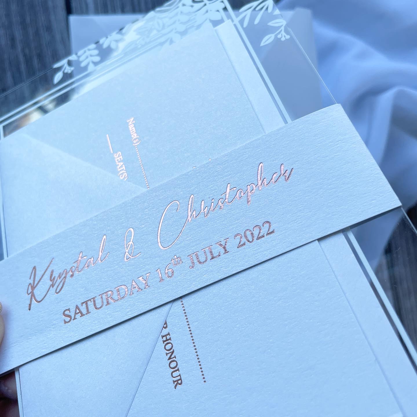 Modern Acrylic Wedding Invitation with Rose Gold Foiling Inserts & Bellyband thumbnail 3