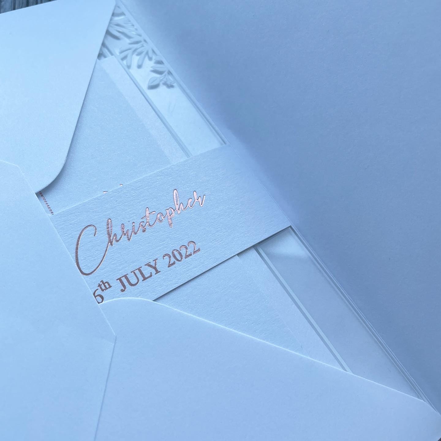 Modern Acrylic Wedding Invitation with Rose Gold Foiling Inserts & Bellyband thumbnail 4