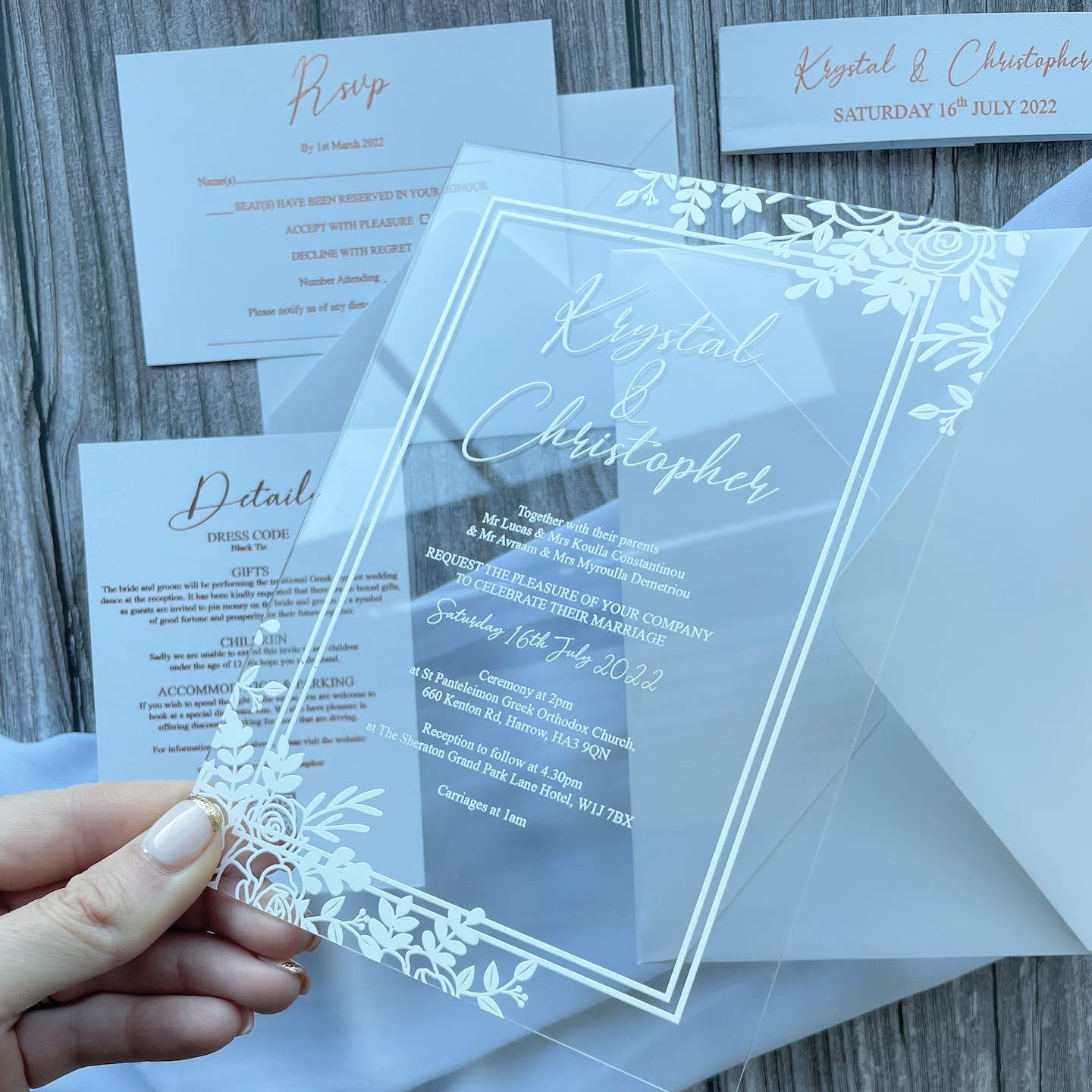 Modern Acrylic Wedding Invitation with Rose Gold Foiling Inserts & Bellyband thumbnail 5