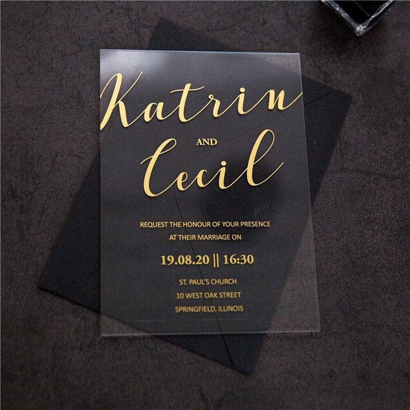 Acrylic Gold Wedding Invitation, Clear Perspex Invite image 1