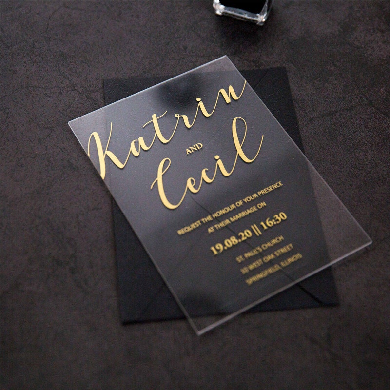 Acrylic Gold Wedding Invitation, Clear Perspex Invite thumbnail 2