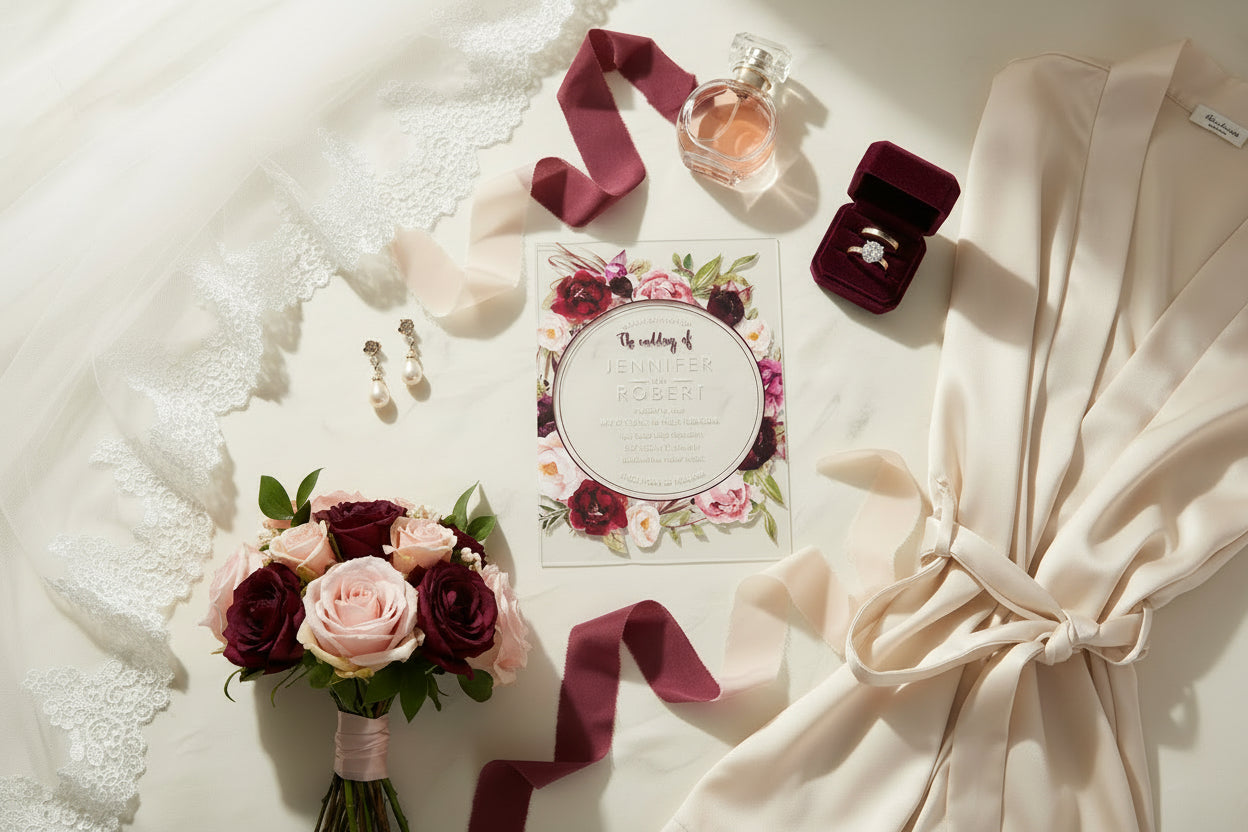 Acrylic Clear Burgundy Red Floral Wreath Wedding Invitation image 1