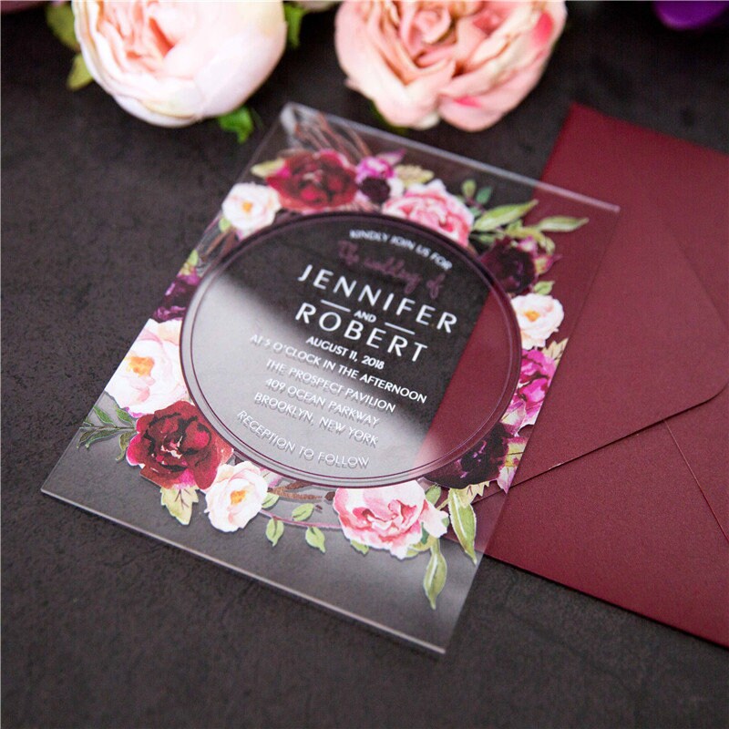 Acrylic Clear Burgundy Red Floral Wreath Wedding Invitation thumbnail 2