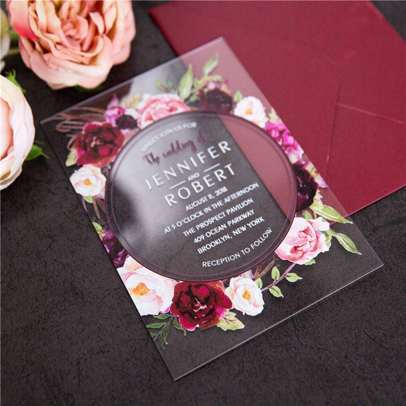 Acrylic Clear Burgundy Red Floral Wreath Wedding Invitation thumbnail 3