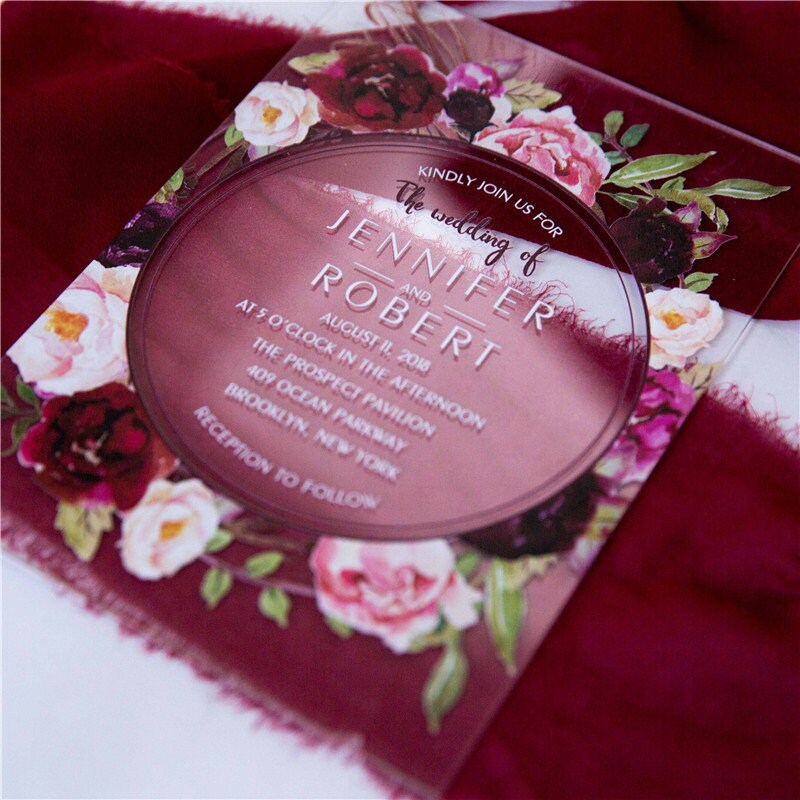 Acrylic Clear Burgundy Red Floral Wreath Wedding Invitation thumbnail 4