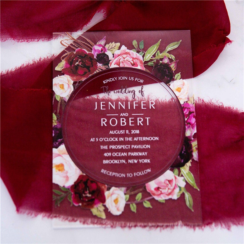 Acrylic Clear Burgundy Red Floral Wreath Wedding Invitation thumbnail 5