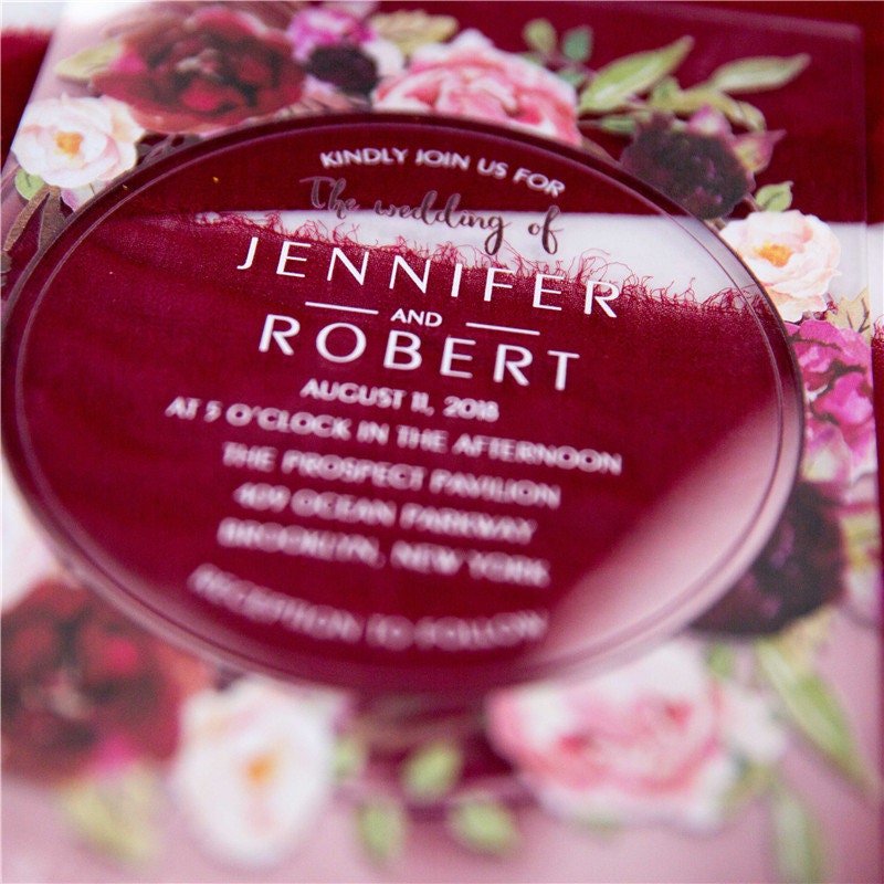 Acrylic Clear Burgundy Red Floral Wreath Wedding Invitation thumbnail 6