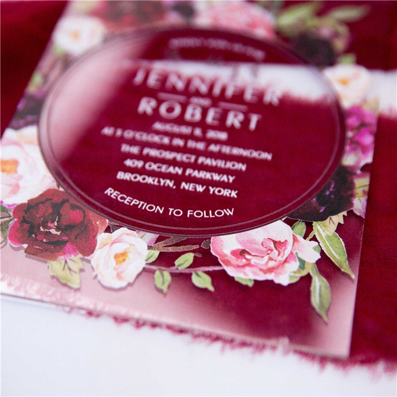 Acrylic Clear Burgundy Red Floral Wreath Wedding Invitation thumbnail 7