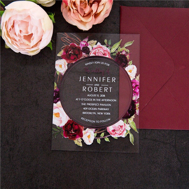 Acrylic Clear Burgundy Red Floral Wreath Wedding Invitation thumbnail 8