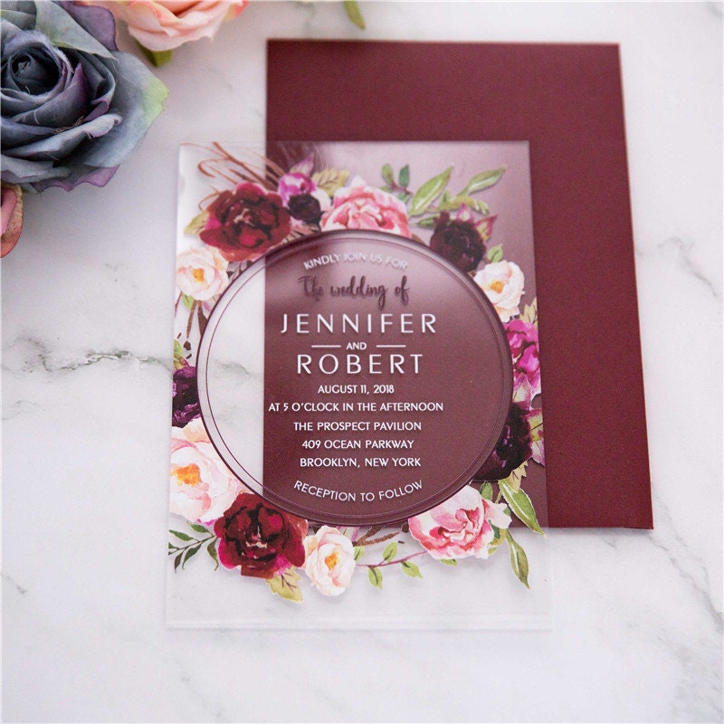 Acrylic Clear Burgundy Red Floral Wreath Wedding Invitation thumbnail 9