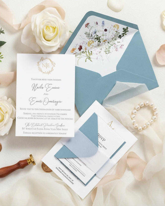 Luxury Letterpress wedding invite with foiled emblem, vellum bellyband and blue envelope | Wedding Invitation image 1