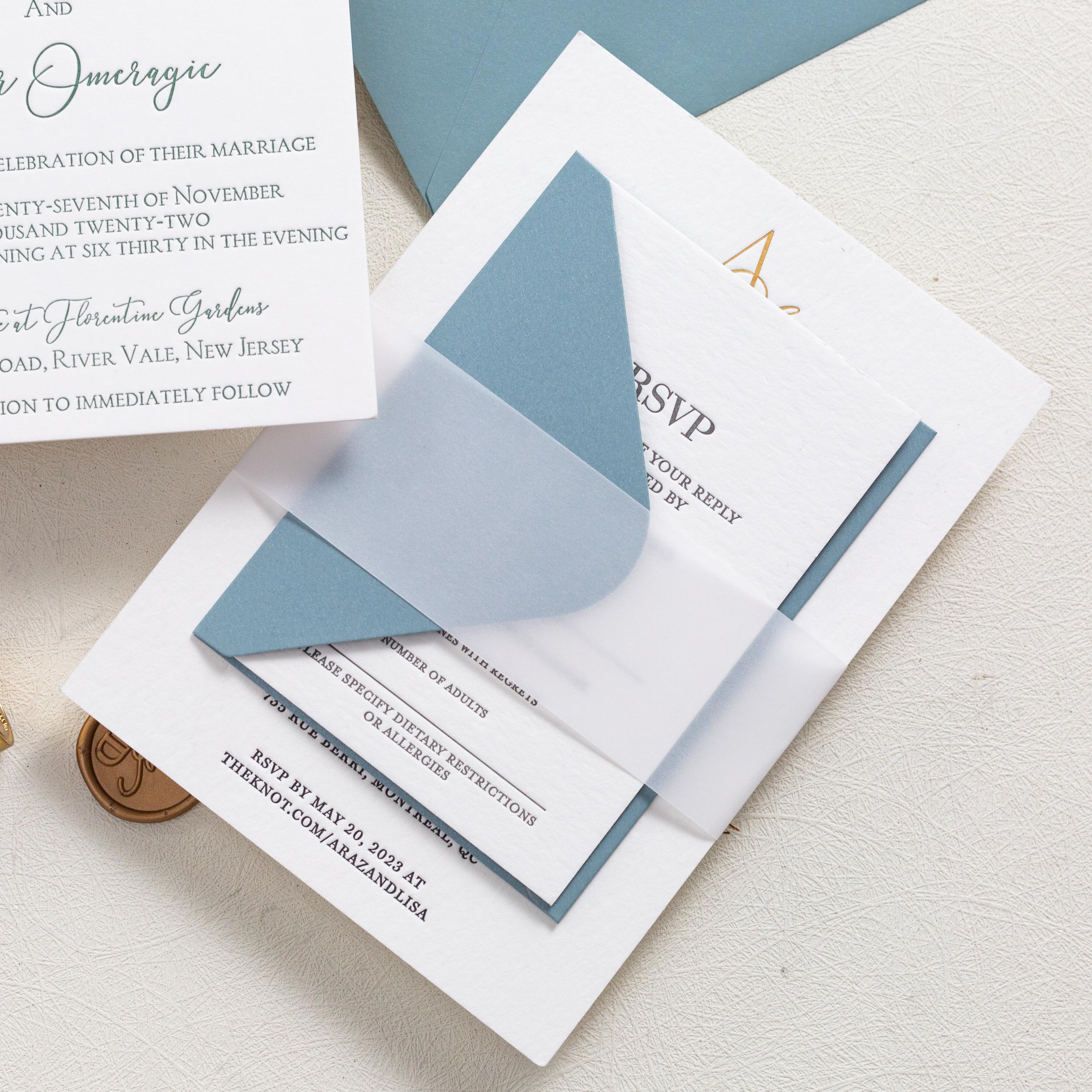 Luxury Letterpress wedding invite with foiled emblem, vellum bellyband and blue envelope | Wedding Invitation thumbnail 2