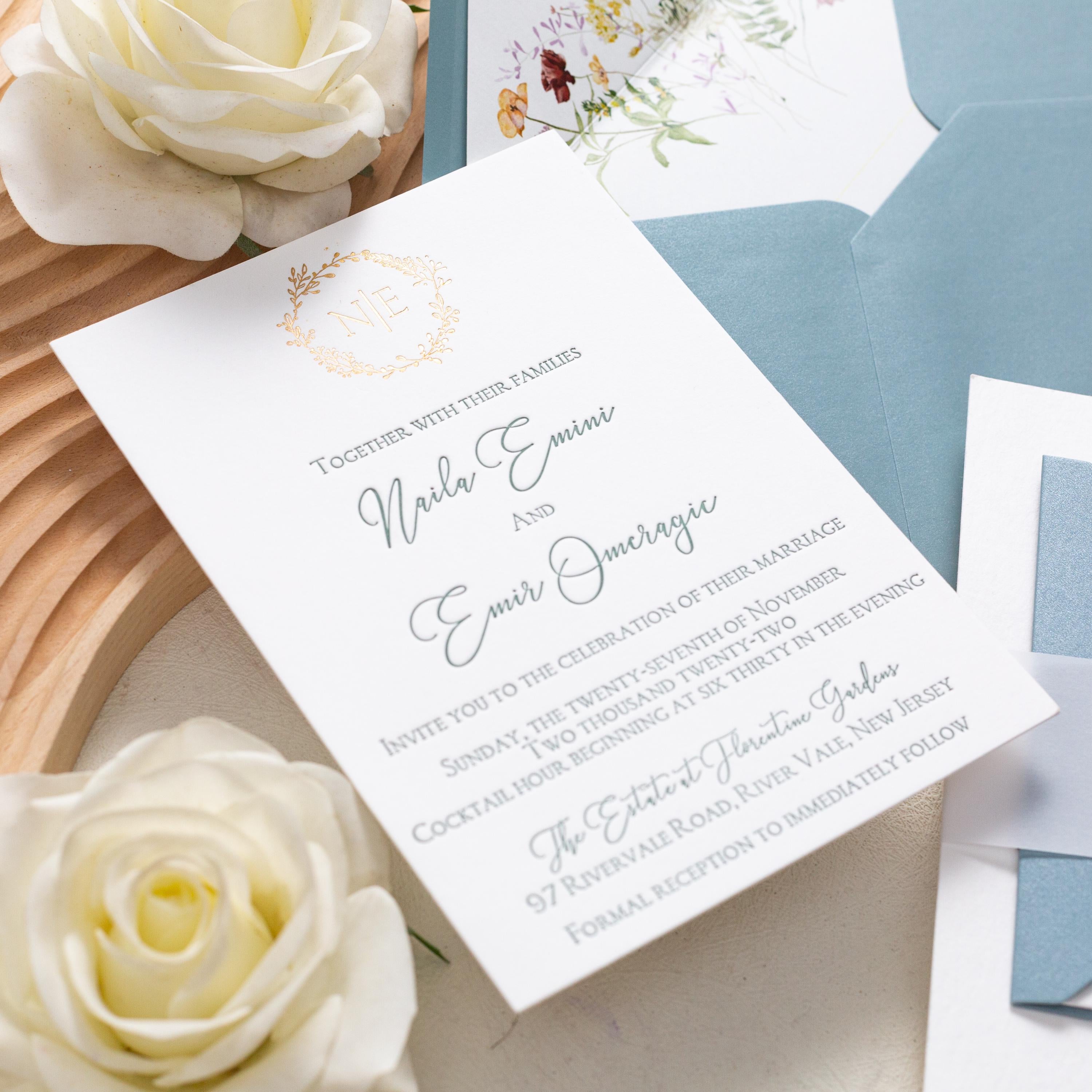 Luxury Letterpress wedding invite with foiled emblem, vellum bellyband and blue envelope | Wedding Invitation thumbnail 3