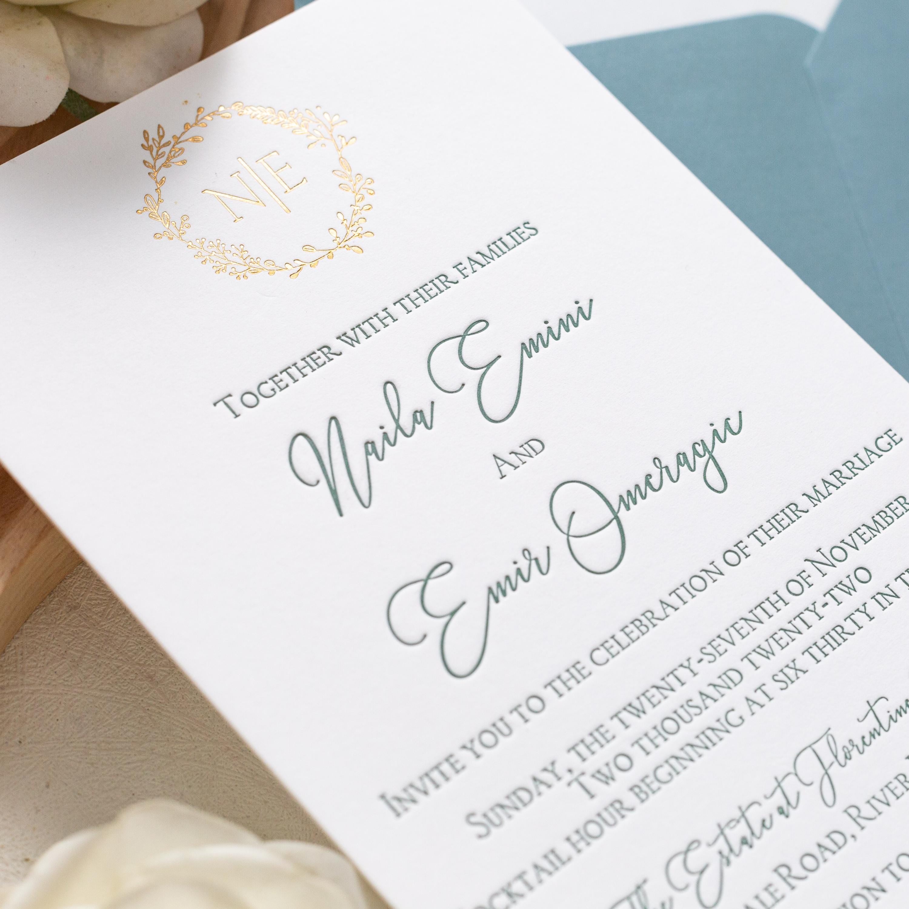 Luxury Letterpress wedding invite with foiled emblem, vellum bellyband and blue envelope | Wedding Invitation thumbnail 4