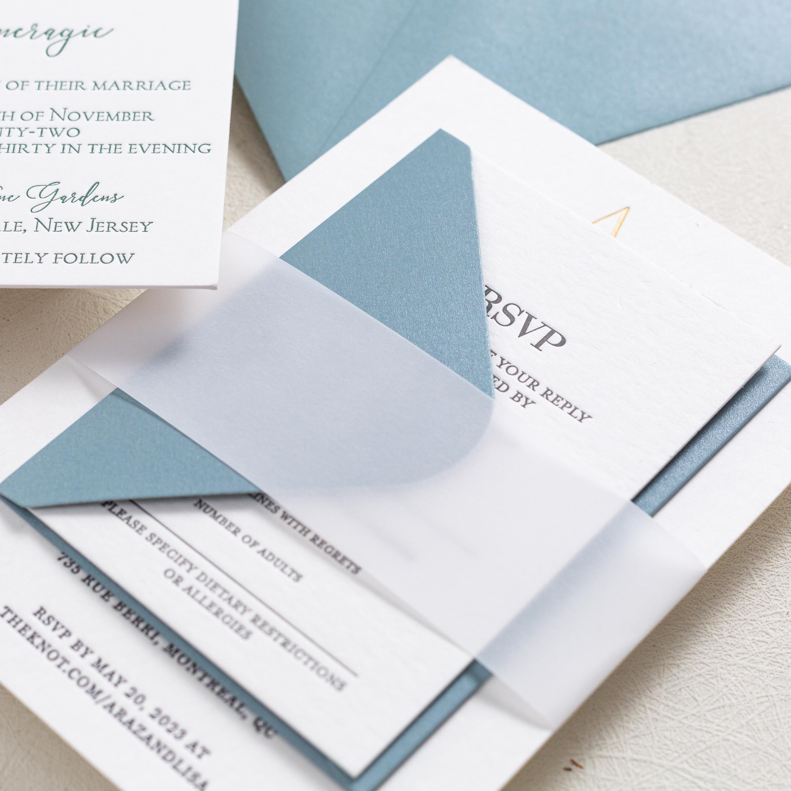 Luxury Letterpress wedding invite with foiled emblem, vellum bellyband and blue envelope | Wedding Invitation thumbnail 5