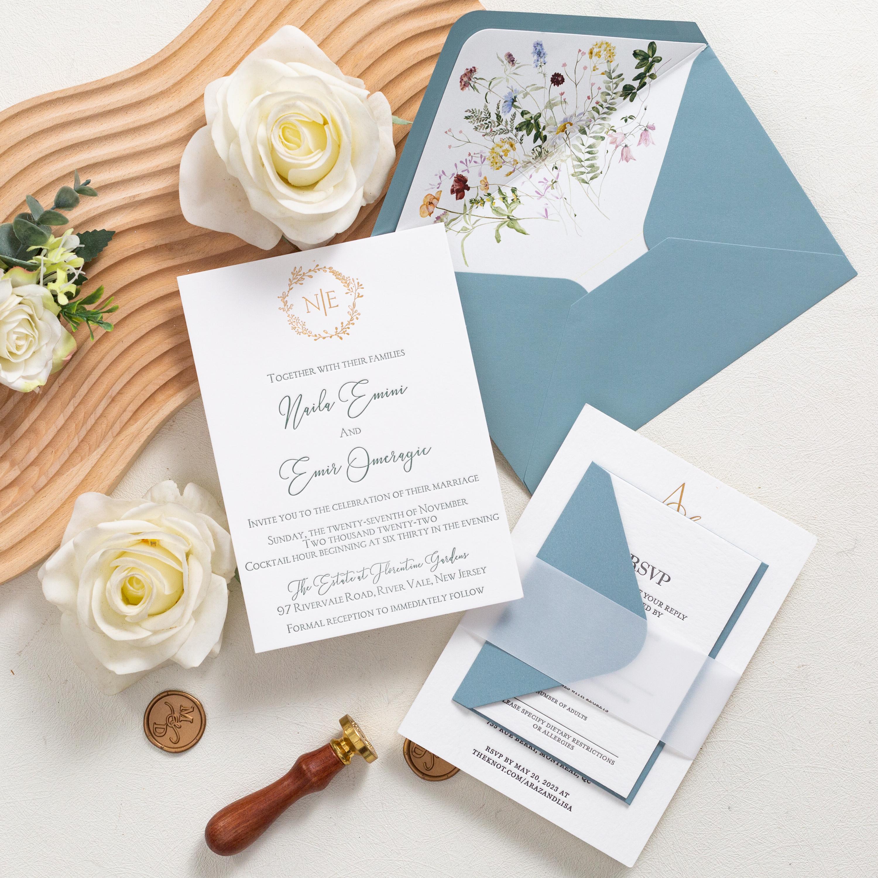 Luxury Letterpress wedding invite with foiled emblem, vellum bellyband and blue envelope | Wedding Invitation thumbnail 6