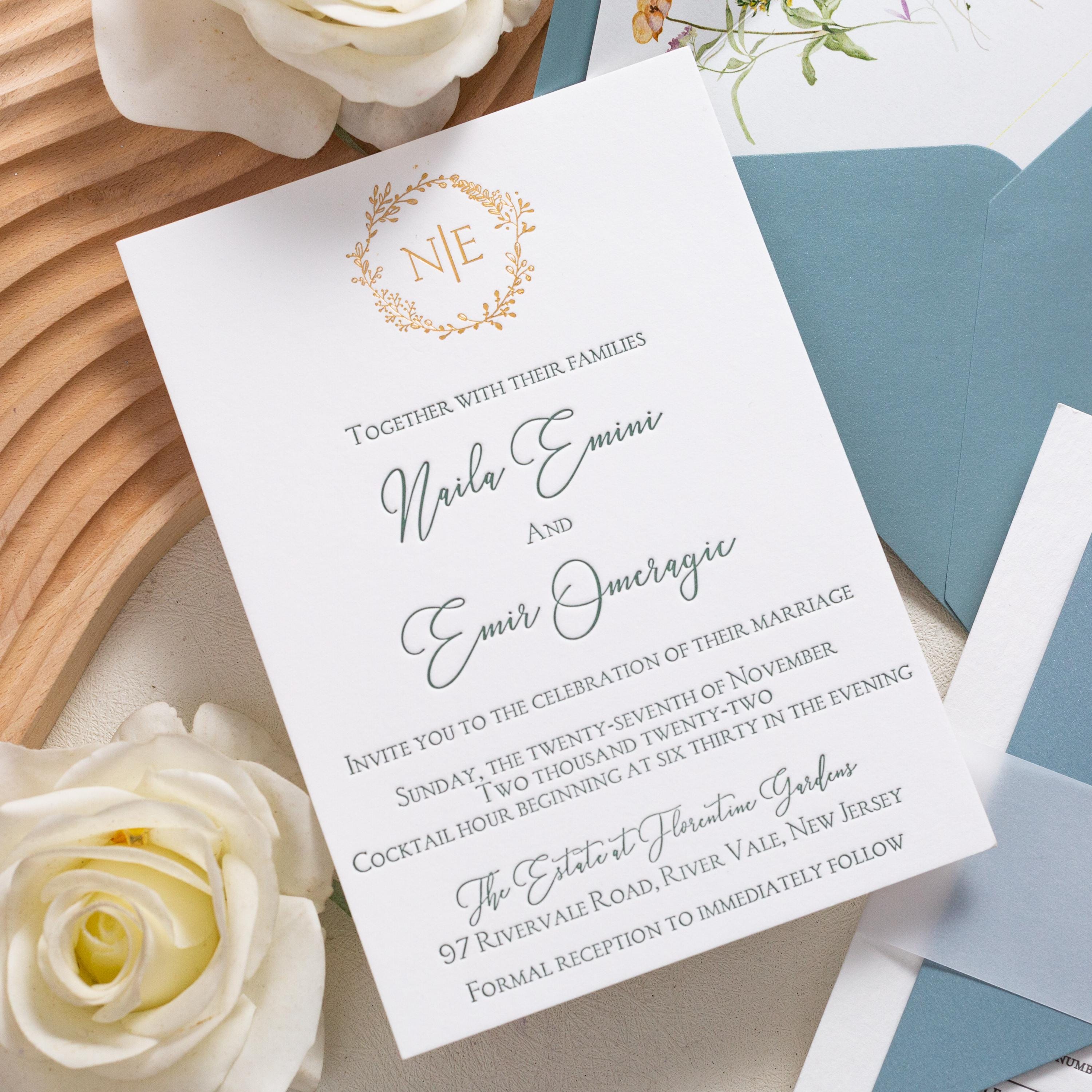 Luxury Letterpress wedding invite with foiled emblem, vellum bellyband and blue envelope | Wedding Invitation thumbnail 7