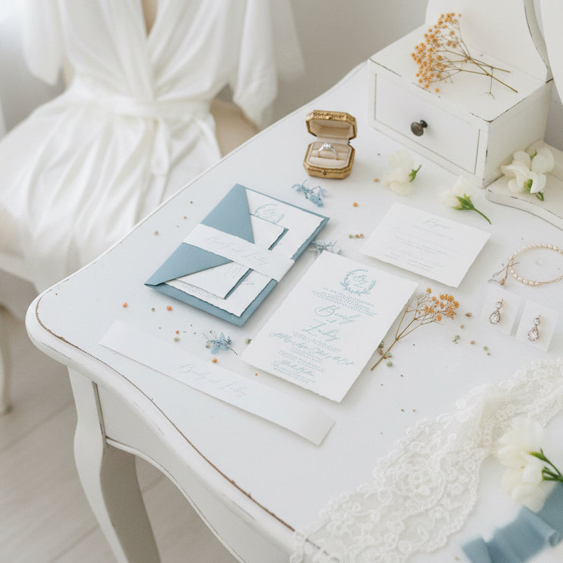 Dusty Blue Letter Press Deckle Edge Wedding Invite with Bellyband and Matching Envelope thumbnail 2