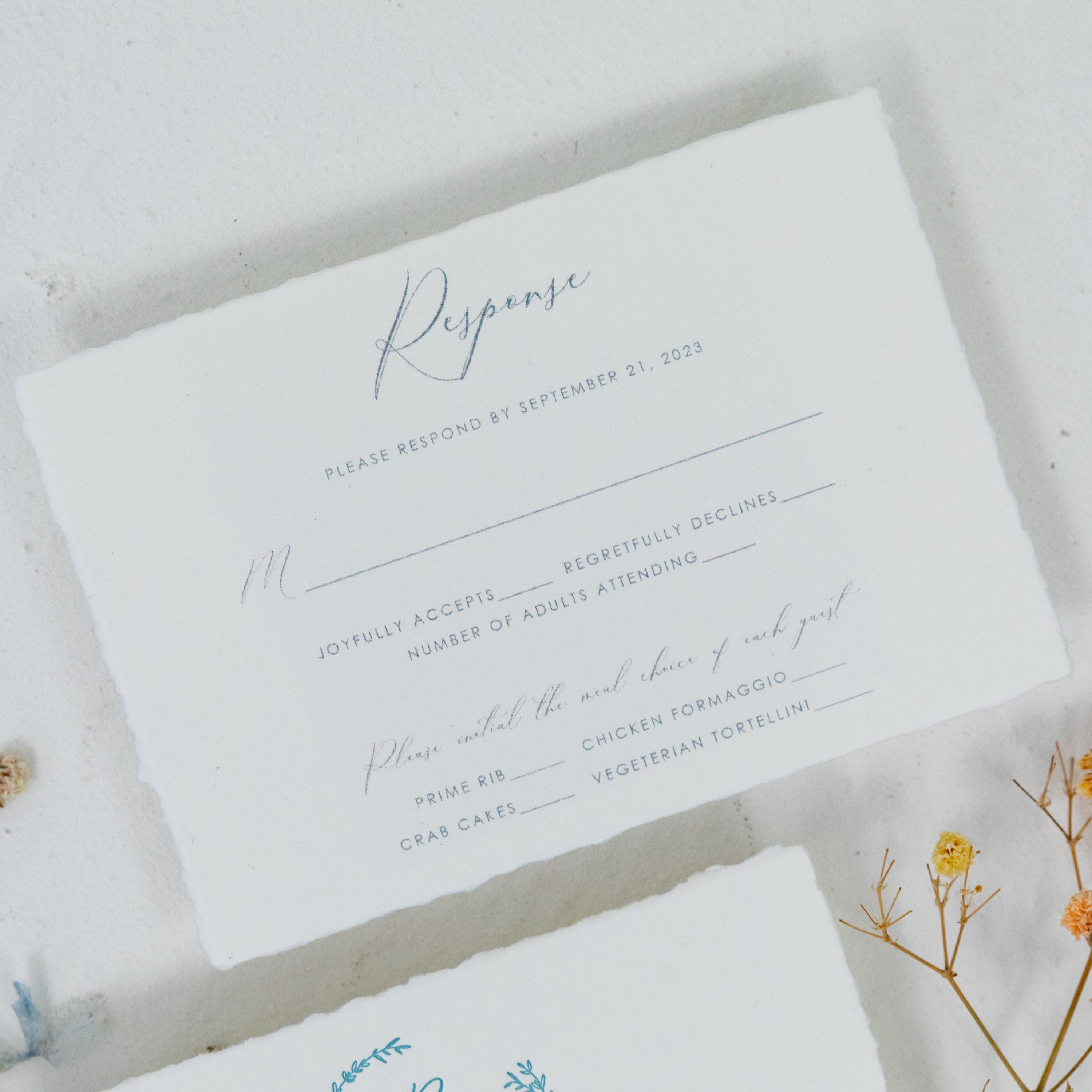 Dusty Blue Letter Press Deckle Edge Wedding Invite with Bellyband and Matching Envelope thumbnail 3