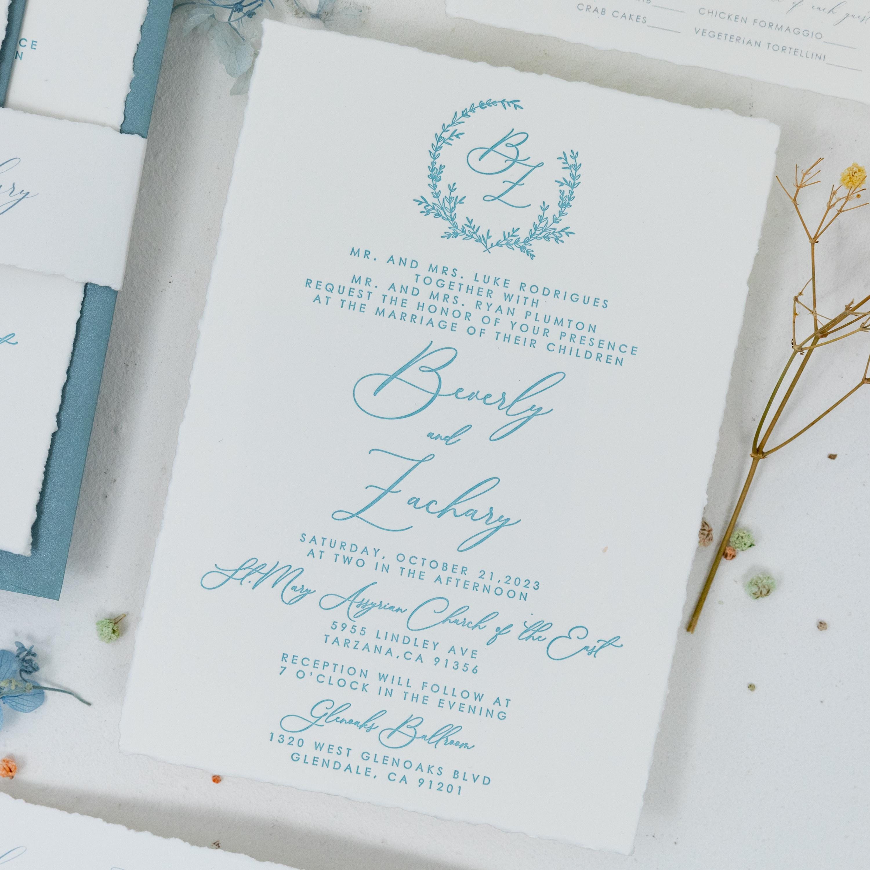 Dusty Blue Letter Press Deckle Edge Wedding Invite with Bellyband and Matching Envelope thumbnail 4