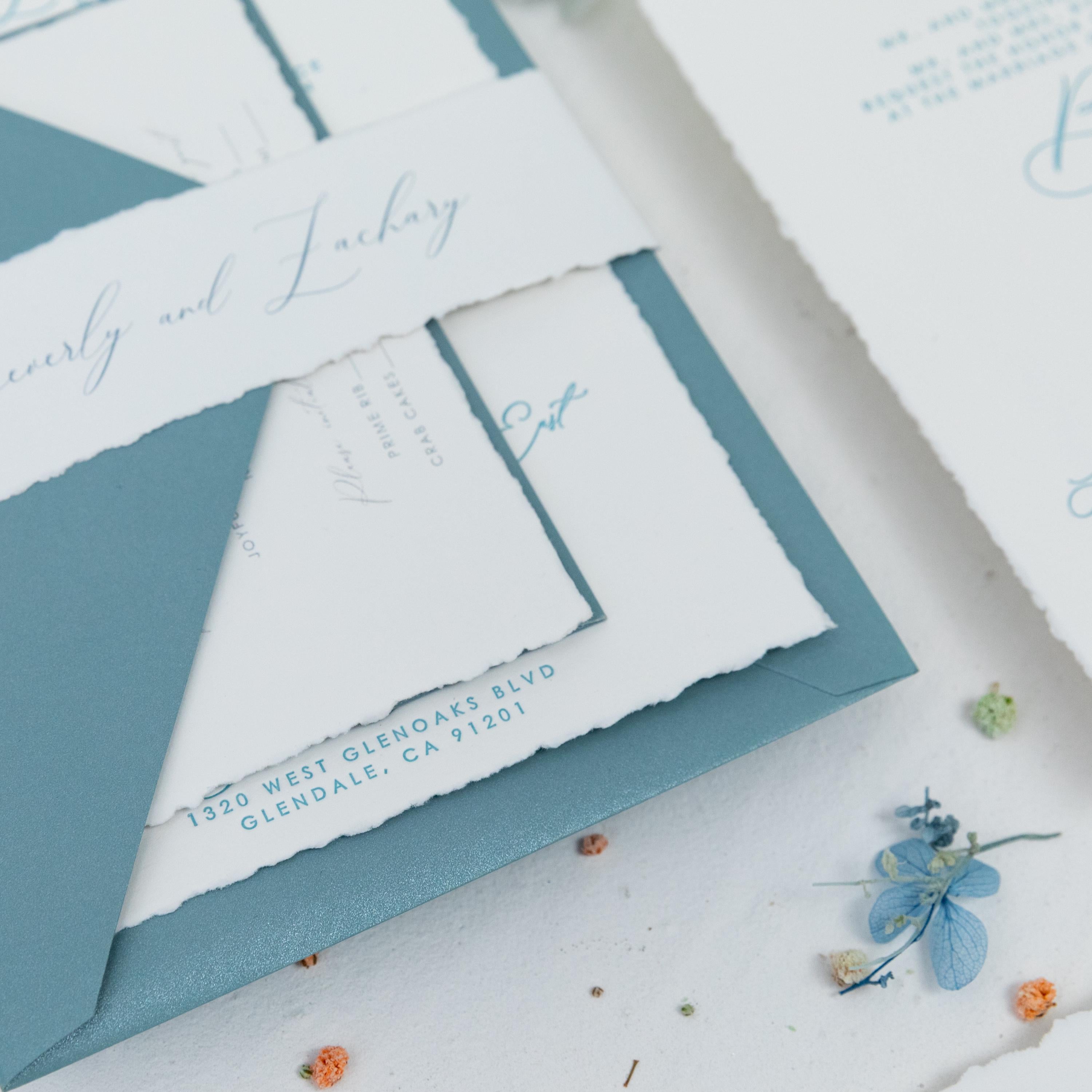 Dusty Blue Letter Press Deckle Edge Wedding Invite with Bellyband and Matching Envelope thumbnail 5