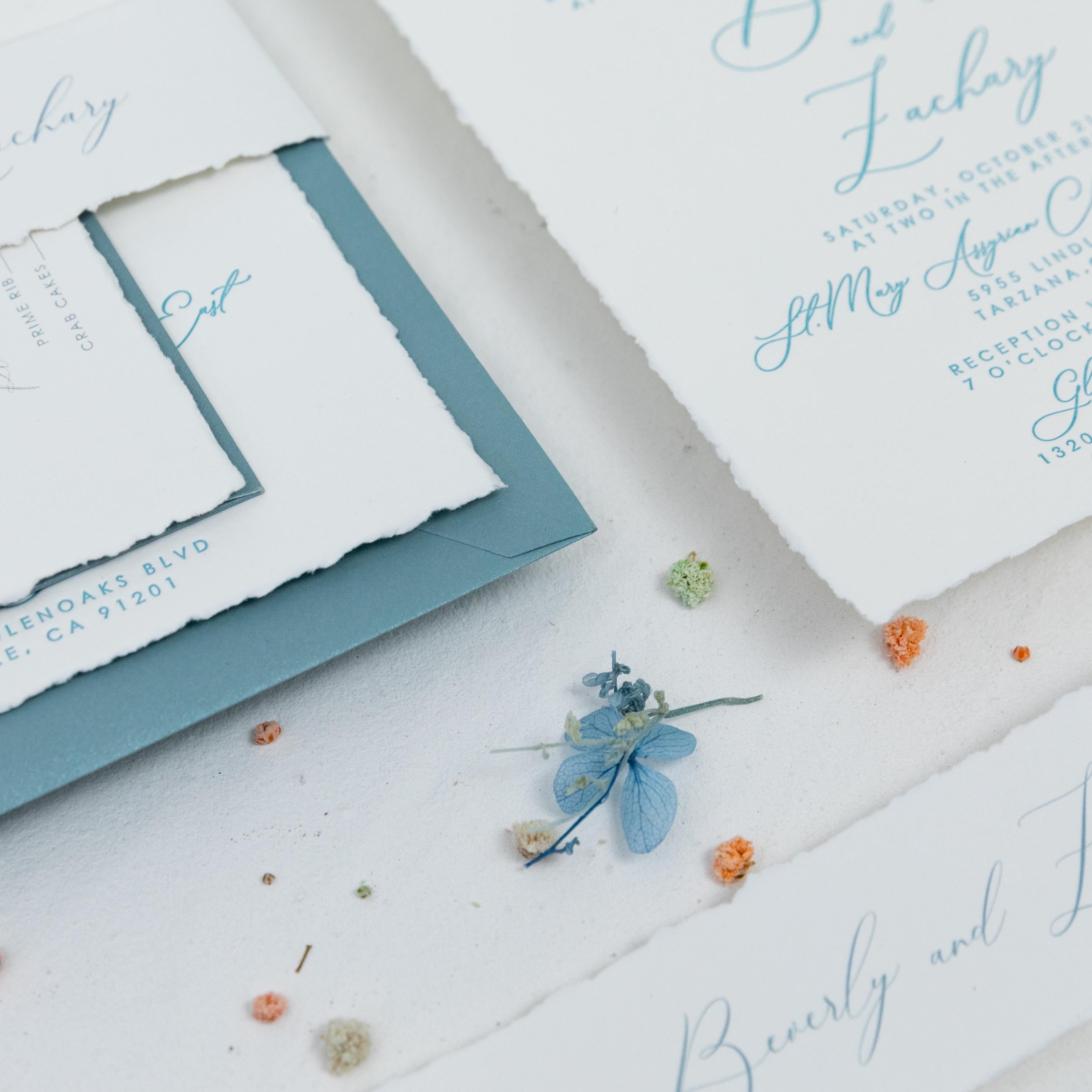 Dusty Blue Letter Press Deckle Edge Wedding Invite with Bellyband and Matching Envelope thumbnail 6