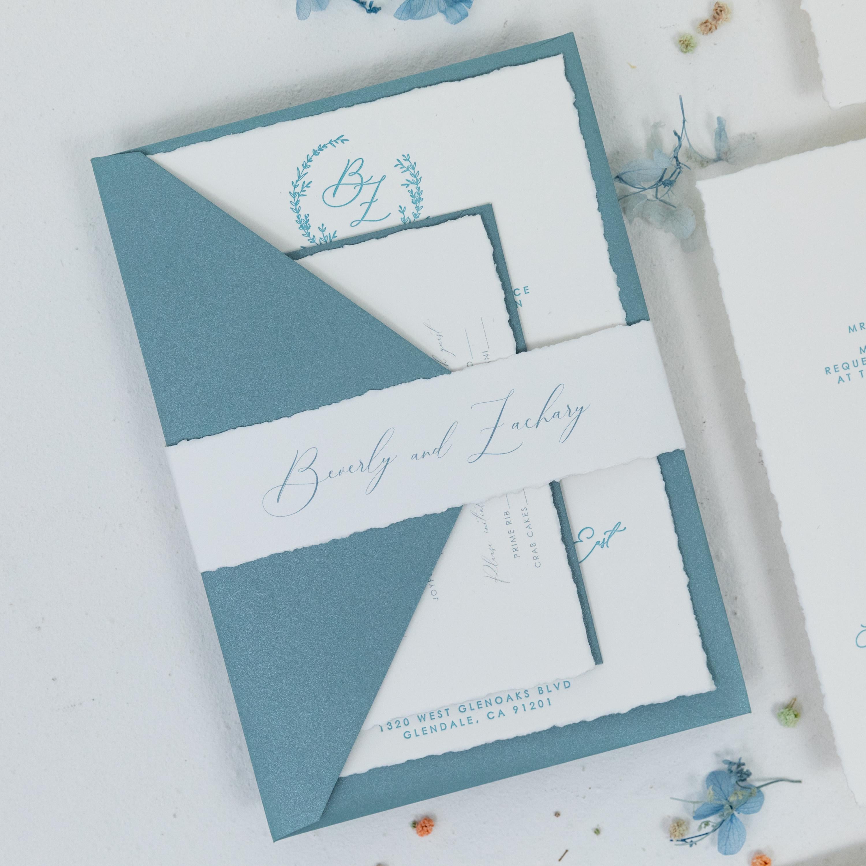 Dusty Blue Letter Press Deckle Edge Wedding Invite with Bellyband and Matching Envelope thumbnail 7