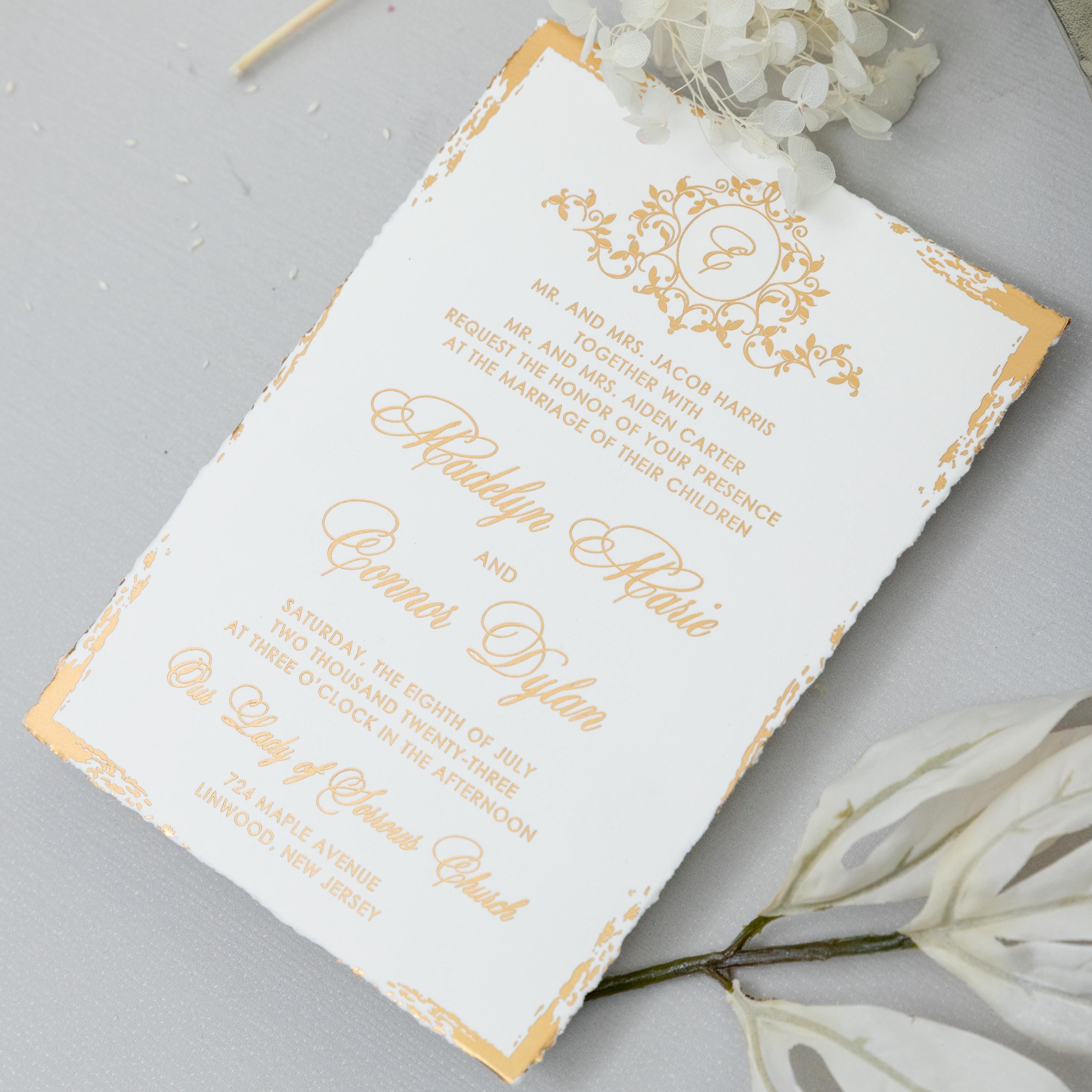 Deckle Edge Gold Foiled Wedding Invitation with RSVP matching Envelope | Modern Wedding Invite thumbnail 2