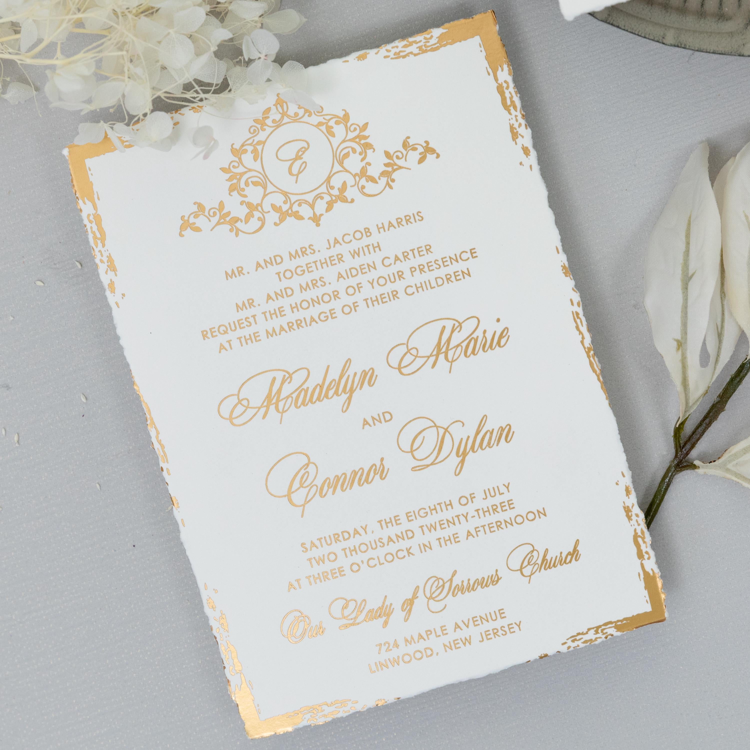Deckle Edge Gold Foiled Wedding Invitation with RSVP matching Envelope | Modern Wedding Invite thumbnail 3