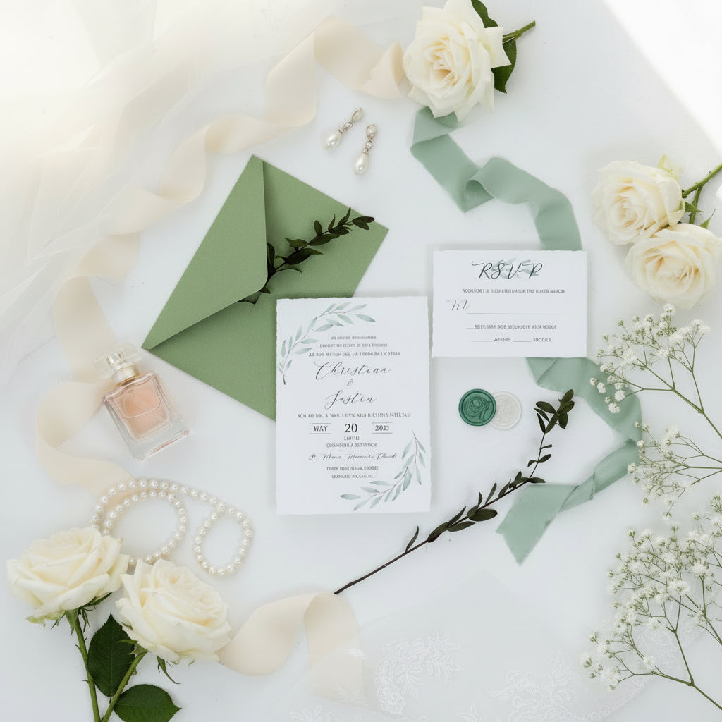 Deckle Edge Green Wedding Invitation and RSVP with Wax Seal | Botanical Wedding Invite image 1
