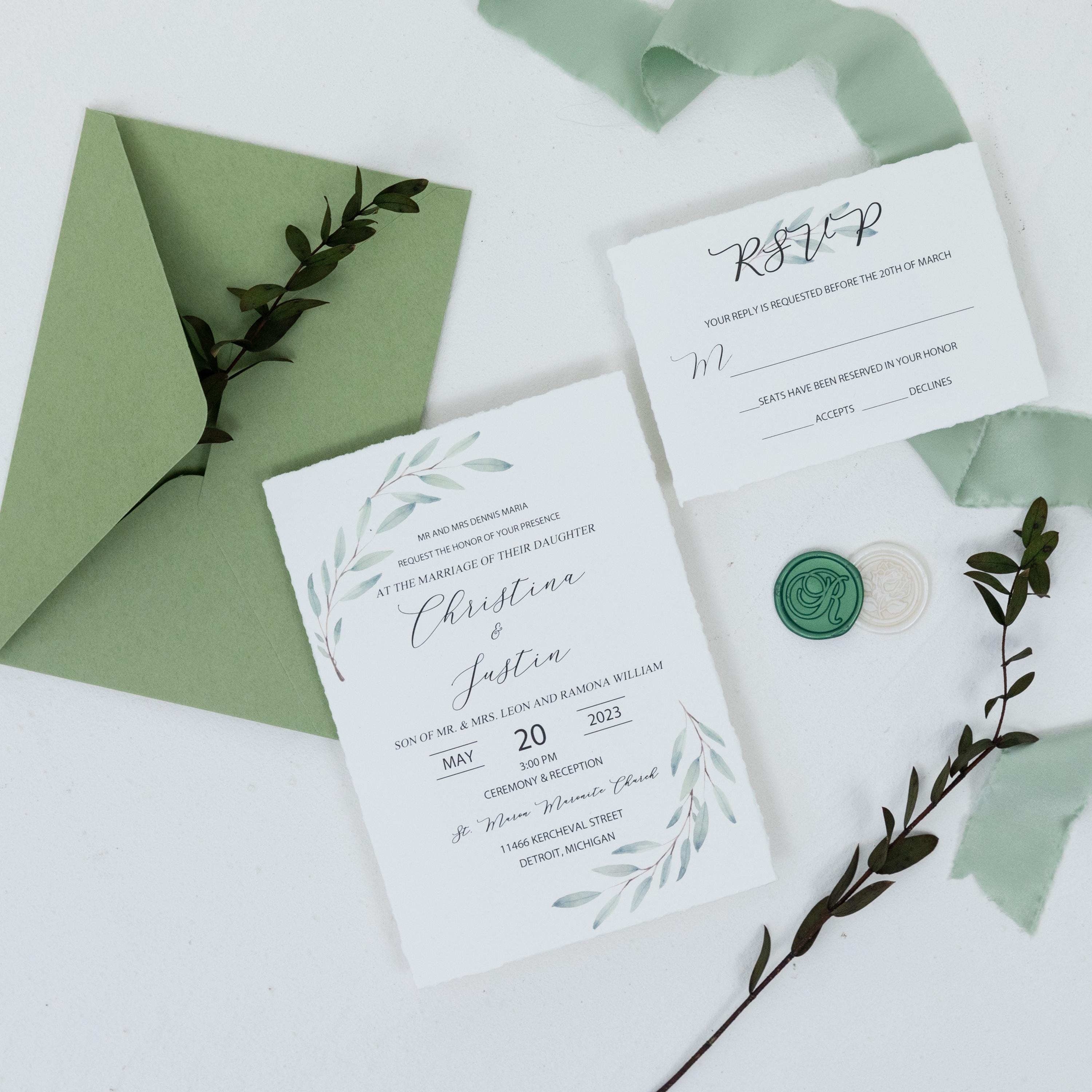 Deckle Edge Green Wedding Invitation and RSVP with Wax Seal | Botanical Wedding Invite thumbnail 2